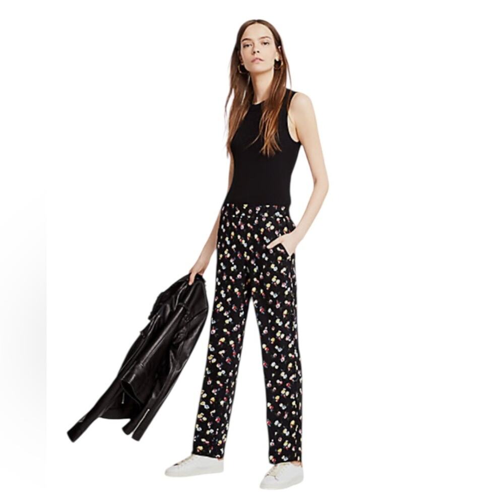 Ann Taylor Pants Black Base Multicolor Floral Print Side Zipper Closure Size S